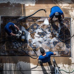 Three people in protective gear clean an antique carpet using a hose and machine in a shed with an asphalt floor.