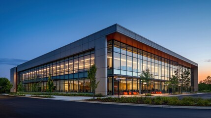 Obraz premium Modern contemporary architecture building with glass walls and blue evening sky