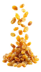 Flying Golden Raisins with Wrinkled Texture and Warm Yellow Color, Dried Sweet Fruit isolated on transparent white background, clipping path