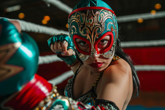 Mexican Wrestler Female in vibrant lucha libre mask shows confidence and strength inside the wrestling ring before combat