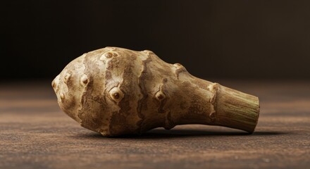 Fototapeta premium Earthy Delight: A Close-Up Study of a Topinambur Root on Rustic Backdrop