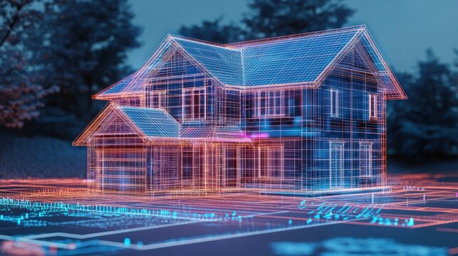 Modern house architectural wireframe model digital 3 d render