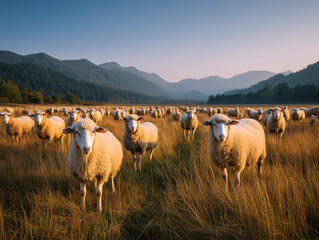 Tranquil Sheep Grazing in Scenic Mountain Pasture at Sunset: A Serene Rural Landscape