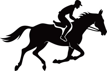 Silhouette of a jockey riding a galloping horse during a race.