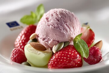 Delicious Ice Cream Dessert with Strawberries  Raspberries   Nuts
