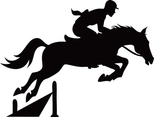 Silhouette of a rider on a horse leaping over a hurdle.