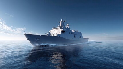 Obraz premium Modern naval vessel navigating calm waters under a clear blue sky, showcasing maritime technology