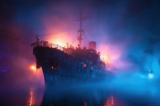 Ghostly ship illuminated by vibrant lights amidst thick fog in a mysterious harbor setting