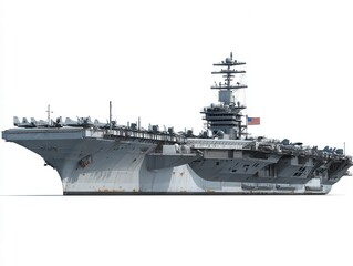 Aircraft carrier sailing in calm waters with military aircraft on deck and clear skies