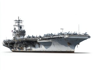 Aircraft carrier with numerous fighter jets docked, showcasing military strength against a clear sky