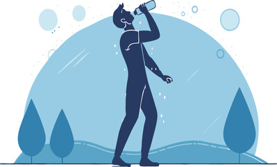 A silhouette of a man drinking water outside in a tranquil natural setting.