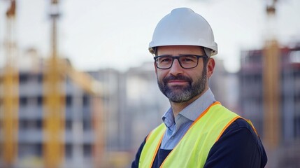 A confident European male construction worker wearing a safety vest and helmet stands proudly at a construction site, highlighting professionalism in the industry.