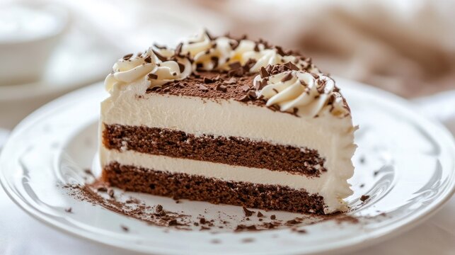 Layered chocolate cake with creamy frosting and chocolate shavings
