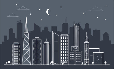 Fototapeta premium Stylized city skyline illustration at night with stars and clouds.