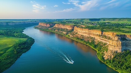 Obraz premium High-angle view of a river winding through a landscape of cliffs and fields.