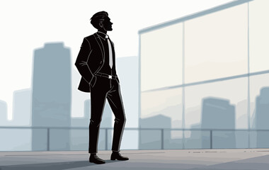 Fototapeta premium Stylish young Black man in business attire standing confidently in a modern urban setting.