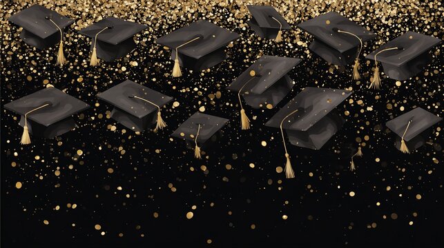 Black graduation caps, gold confetti, celebration.  Perfect for graduation announcements or social media. High quality
