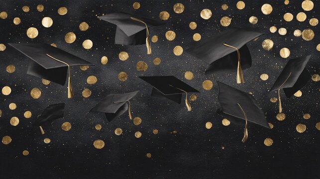 Black graduation caps, gold confetti, celebration.  Perfect for graduation announcements or social media. High quality