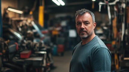 A portrait of a middle-aged European man standing in a workshop, surrounded by tools and machinery. He displays a serious expression, embodying the spirit of craftsmanship and hard work.