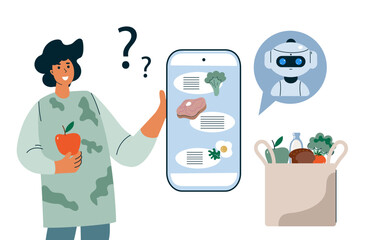 Woman  get low calorie diet advice from an Ai robot chatbot on a smartphone app. Artificial intelligence personal nutrition consultant flat illustration.
