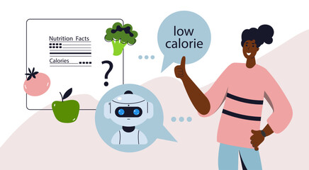 Woman  get low calorie diet advice from an Ai robot chatbot on a smartphone app. Artificial intelligence personal nutrition consultant flat illustration.