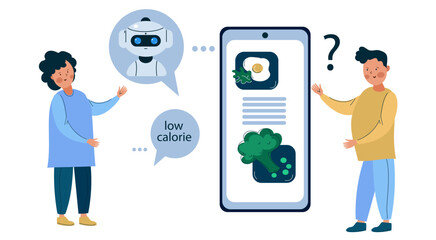 Woman and man get low calorie diet advice from an Ai robot chatbot on a smartphone app. Artificial intelligence personal nutrition consultant flat illustration.