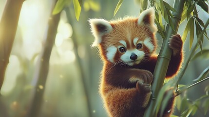 Red panda cub in bamboo forest