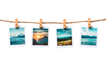 Polaroid photos clipped to a twine string with wooden clothespins, showing scenic landscapes isolated on transparent background