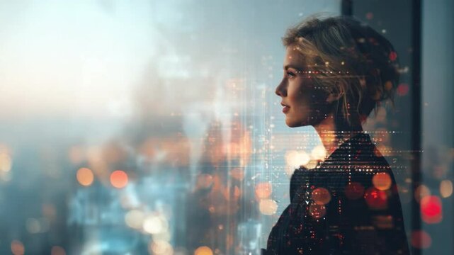 Woman contemplating cityscape: A pensive woman gazes out a large window, her thoughts seemingly as expansive as the sprawling city skyline visible beyond her.