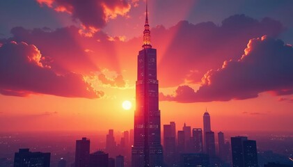 Obraz premium Majestic pinnacle tower piercing a vibrant sunset sky, showcasing architectural detail and dramatic lighting , urban, geometric