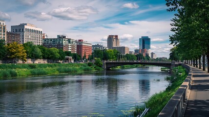 Naklejka premium Cityscape view along the river with a bridge and buildings in background