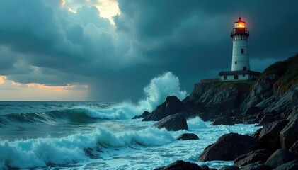 Rugged coastal lighthouse battered by a fierce storm, waves crashing against rocks , landscape, fog, weathering