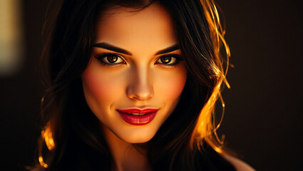 A dramatic, cinematic portrait photograph of a beautiful woman, bathed in warm, golden light, with her face as the central focus, appearing as if she has just stepped out of a vintage Hollywood film