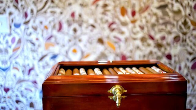 Still life of a polished wooden cigar box filled with cigars with ornamental wallpaper background indoors at an angle close-up.