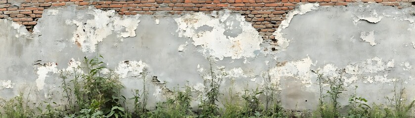 Weathered gray stucco wall with overgrown vegetation.