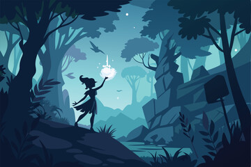Silhouette of a Glowing Fairy Illuminating a Darkened Forest