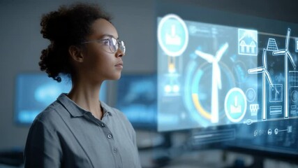 Visionary in Tech: A focused engineer stands before a digital display, visualizing the future of renewable energy and sustainable solutions with determination.