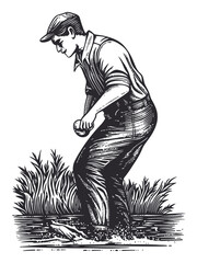 Fototapeta premium Detailed Vector Drawing of a Fisherman Standing in Water