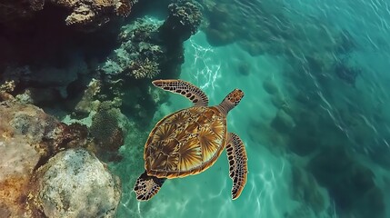 Fototapeta premium Sea turtle swimming overhead view