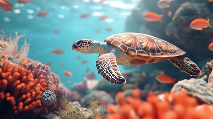 Fototapeta premium Sea turtle in coral reef underwater scene