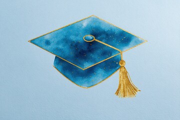 A hand-painted watercolor graduation cap with a golden tassel sits on a light blue background.  Perfect for graduation announcements and celebratory designs. High quality