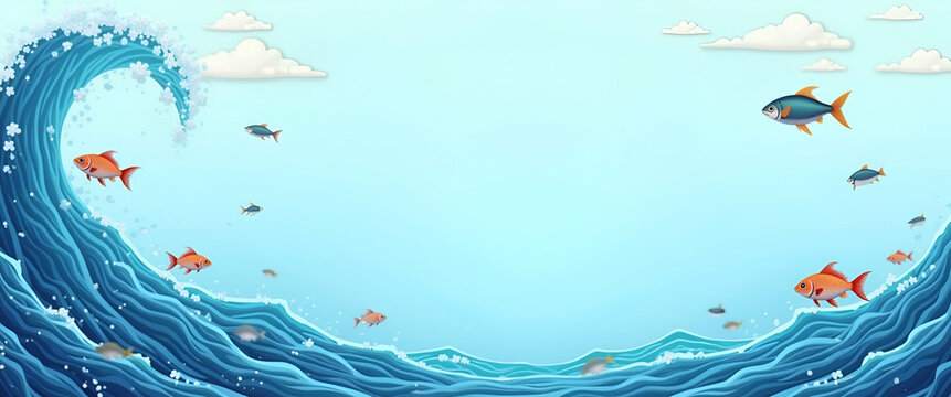 Ocean waves and fish illustration border with copy space for World Water Day messages concept as Ocean waves fish border offering space for messages highlighting marine conservation in  Photo Stock  C