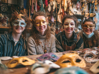 Vibrant Mask-Making Workshop: Colorful Artistic Expression and Creativity in a Ceramics Studio with Smiling Artists