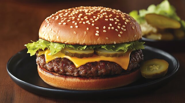 Cheeseburger with Pickles and Lettuce on a Sesame Seed Bun - Powered by Adobe