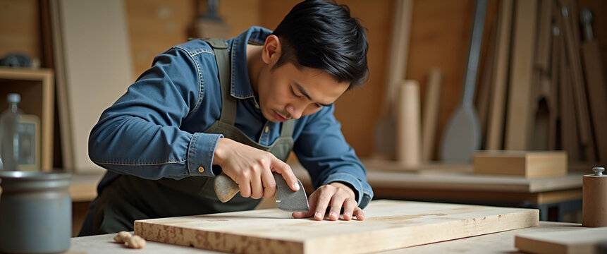 Young Asian Carpenter Craftsman at Work: Precision Woodworking with Industry Tools in a Workshop - Meticulously Shaped Wooden Designs and Brand Lift Concept with Empty Space for Customization