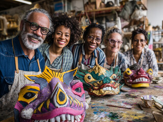 Fototapeta premium Artisan Craftspeople in Colorful Mask-Making Workshop: Celebrating Multicultural Tradition and Community Creativity