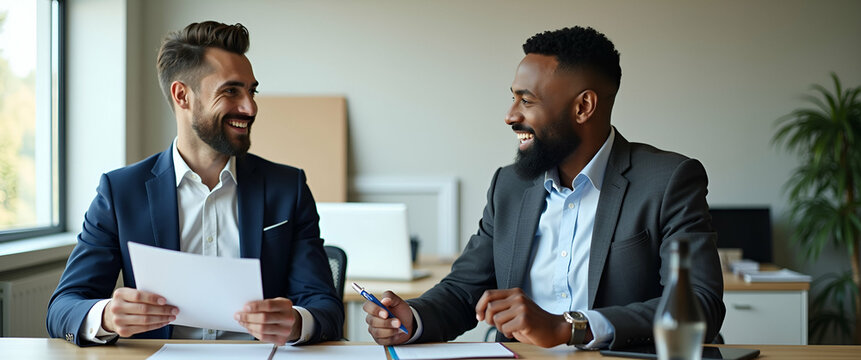Two busy happy diverse male employees checking documents talking in office professional young business man manager financial advisor consulting client having conversation sitting at work meeting conce