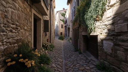 Charming cobblestone street in an old european village with stone walls