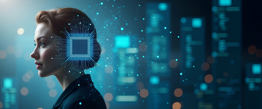 Photo realistic double exposure of a person and a computer chip symbolizing digital innovation, with ample copy space for text in a photo stock concept.