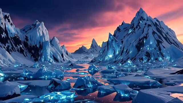 Glowing Ice & Snowy Peaks Under Pink Winter Sky &ndash; 4K UHD Magical Scene